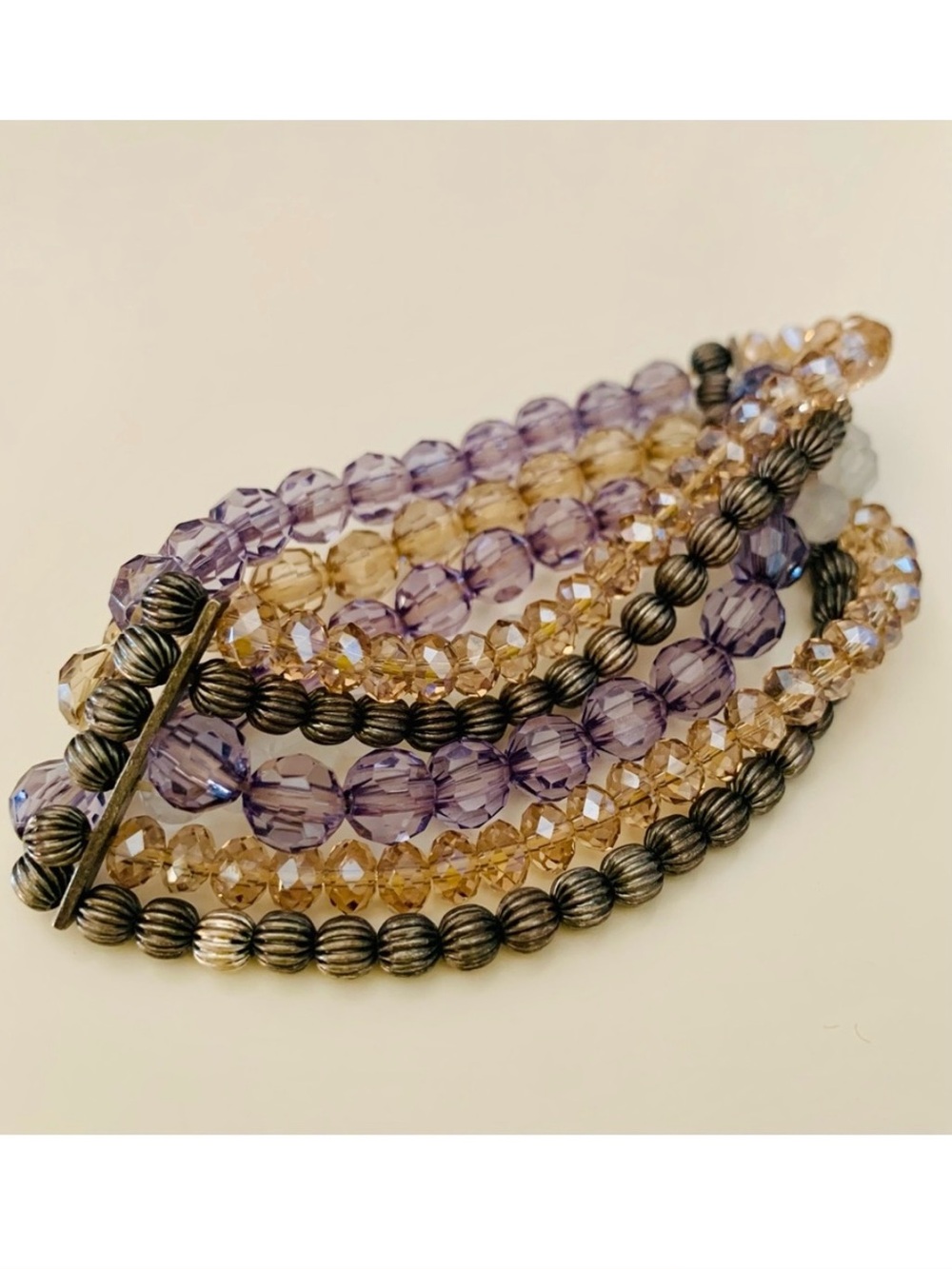 Stack of Beaded Stretch Bracelets Purple Silver